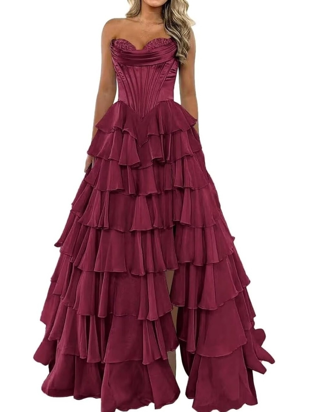 Strapless Burgundy Chiffon Ruffled Tiered Corset Evening Dress